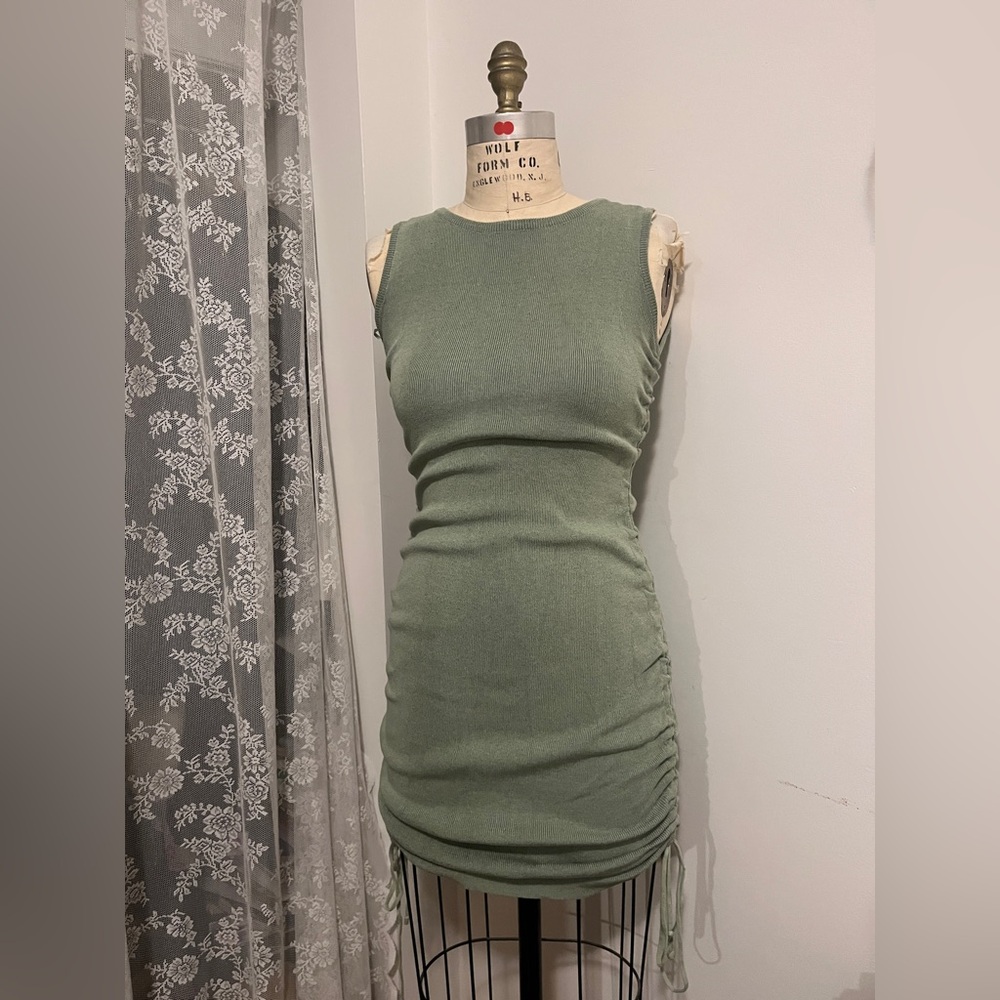 Lioness Green Ribbed Ruched Mini Dress